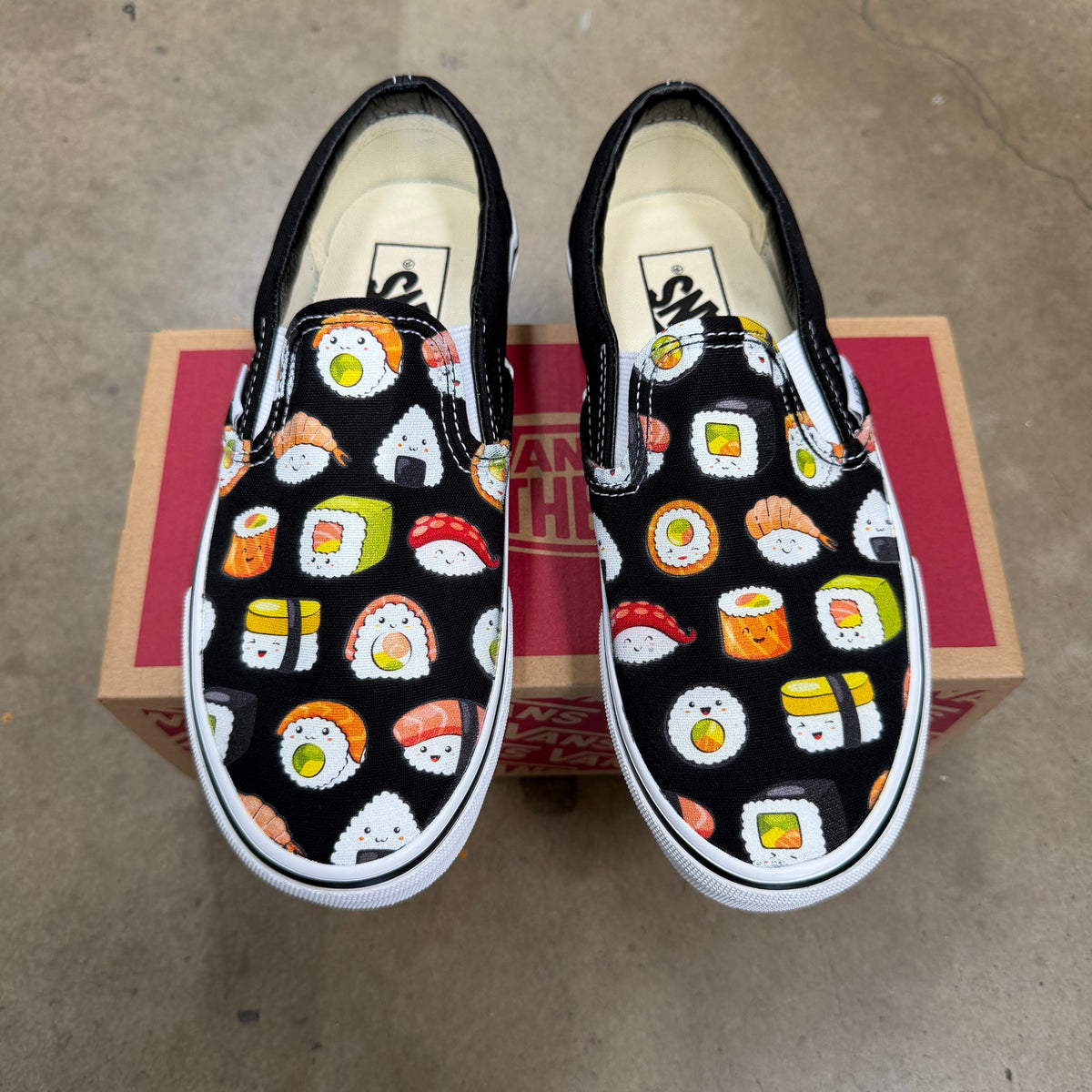 Sushi on Black Slip On Vans Customized sneakers