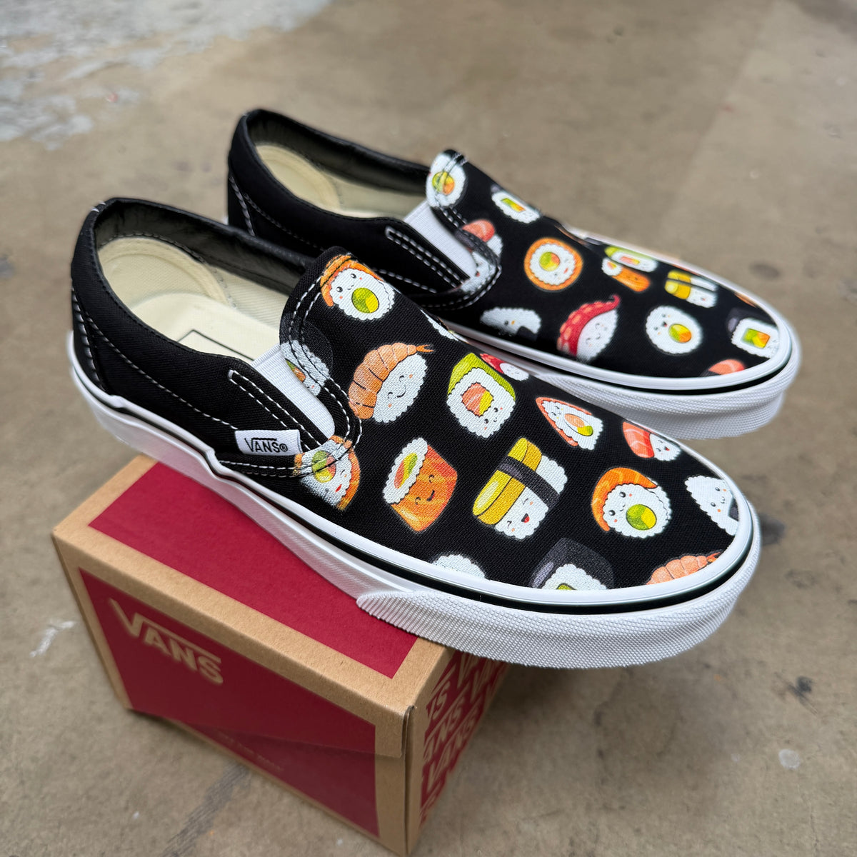 Sushi on Black Slip On Vans Customized sneakers
