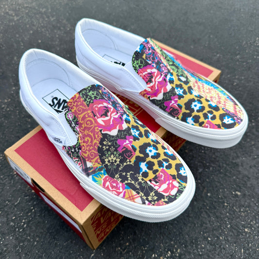 Cheetah rose collage custom vans slip on shoes