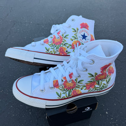 Marigold Flowers on White Converse High Top Chuck Taylor Shoe