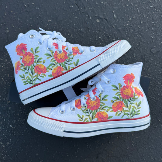 Marigold Flowers on White Converse High Top Chuck Taylor Shoe