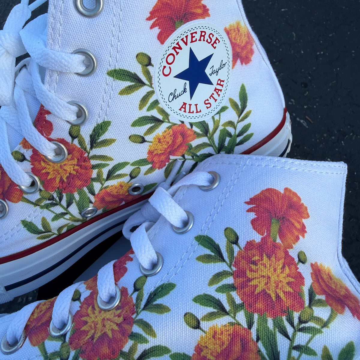 Marigold Flowers on White Converse High Top Chuck Taylor Shoe