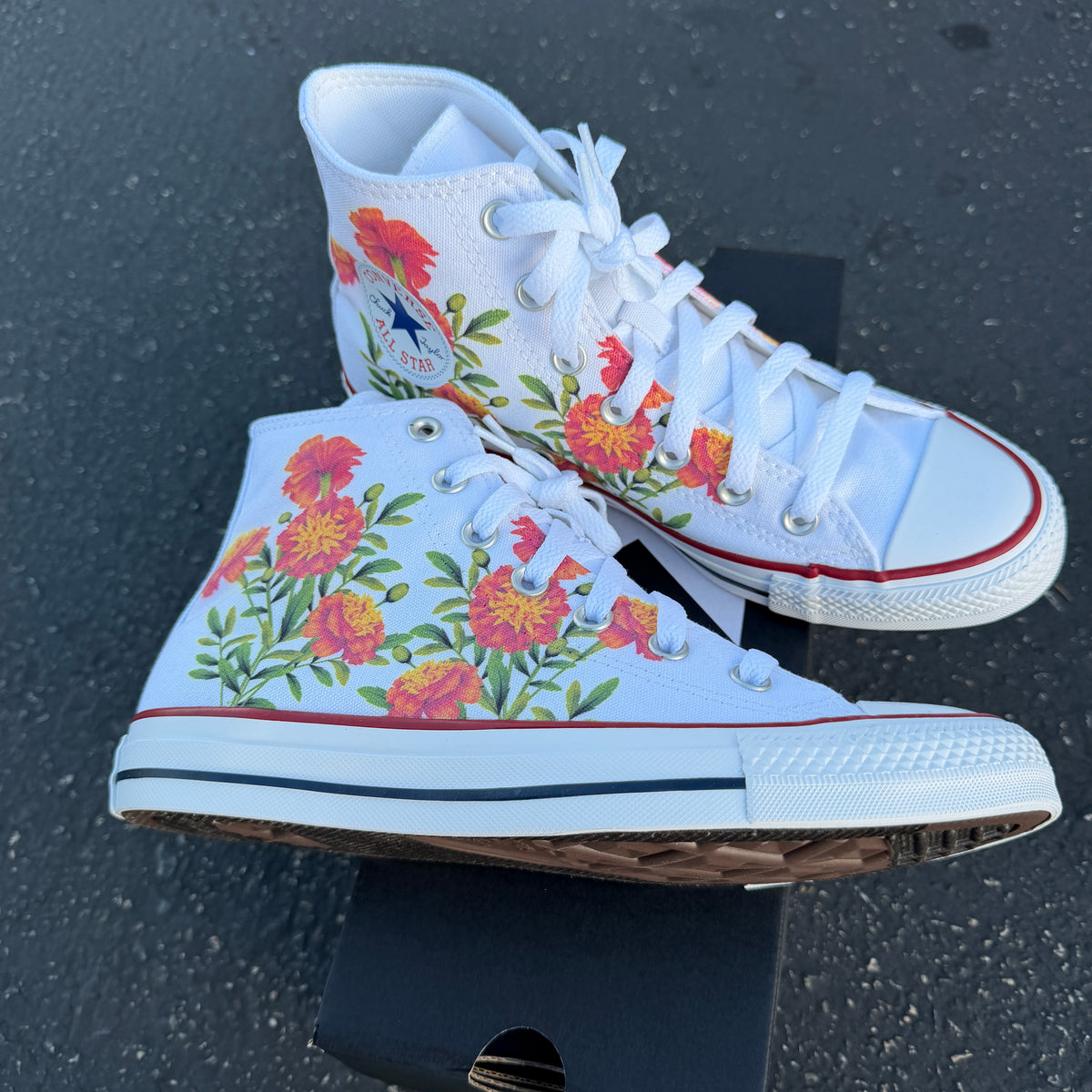 Marigold Flowers on White Converse High Top Chuck Taylor Shoe