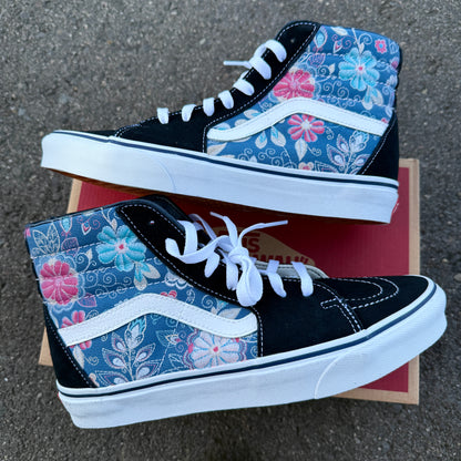 Embroidery Inspired Navy Vans Sk8 Hi Top Shoes - Custom Vans Shoes for Women and Men