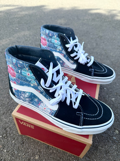 Embroidery Inspired Navy Vans Sk8 Hi Top Shoes - Custom Vans Shoes for Women and Men
