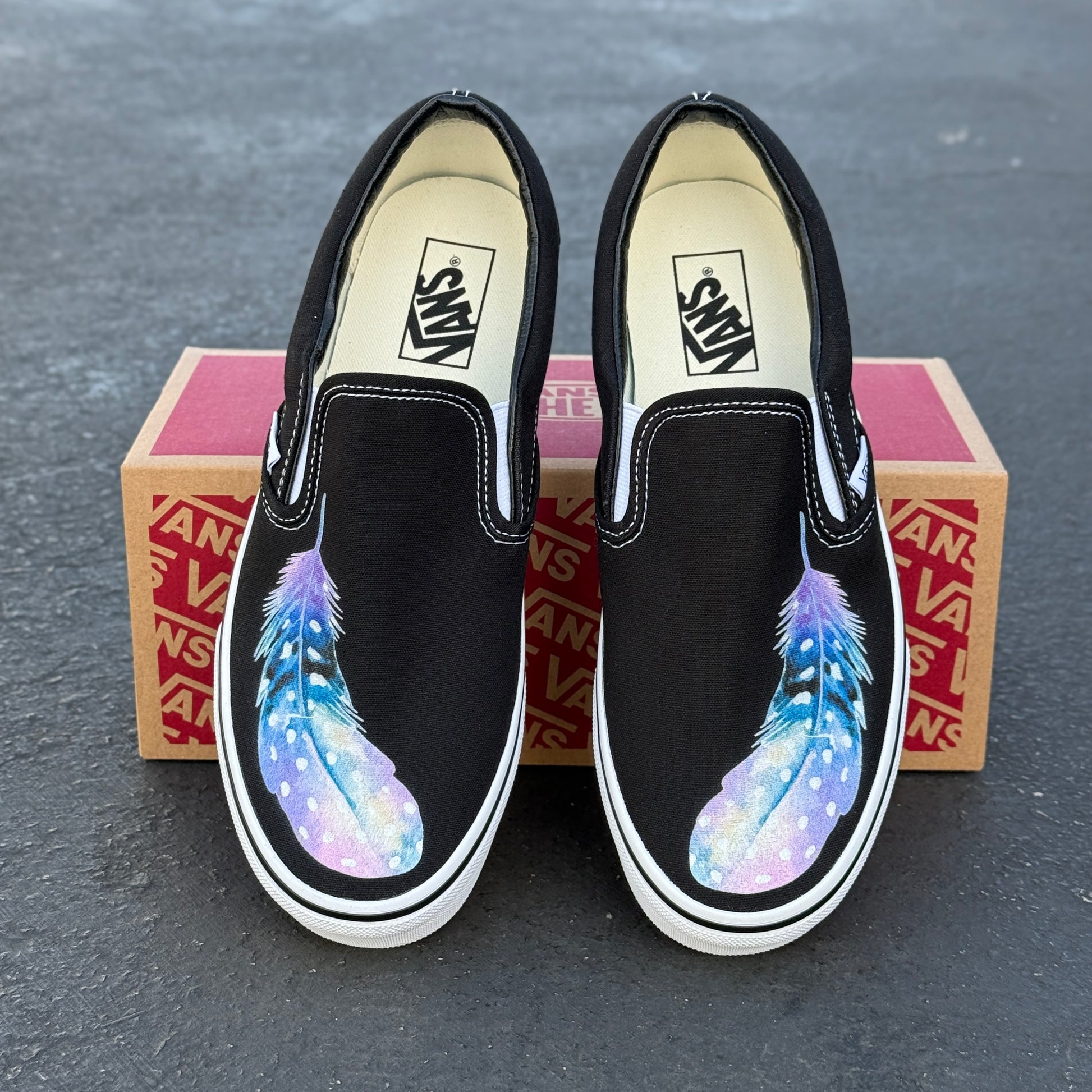 Custom Vans Shoes Feather Black Slip Ons Vans – BlvdCustom