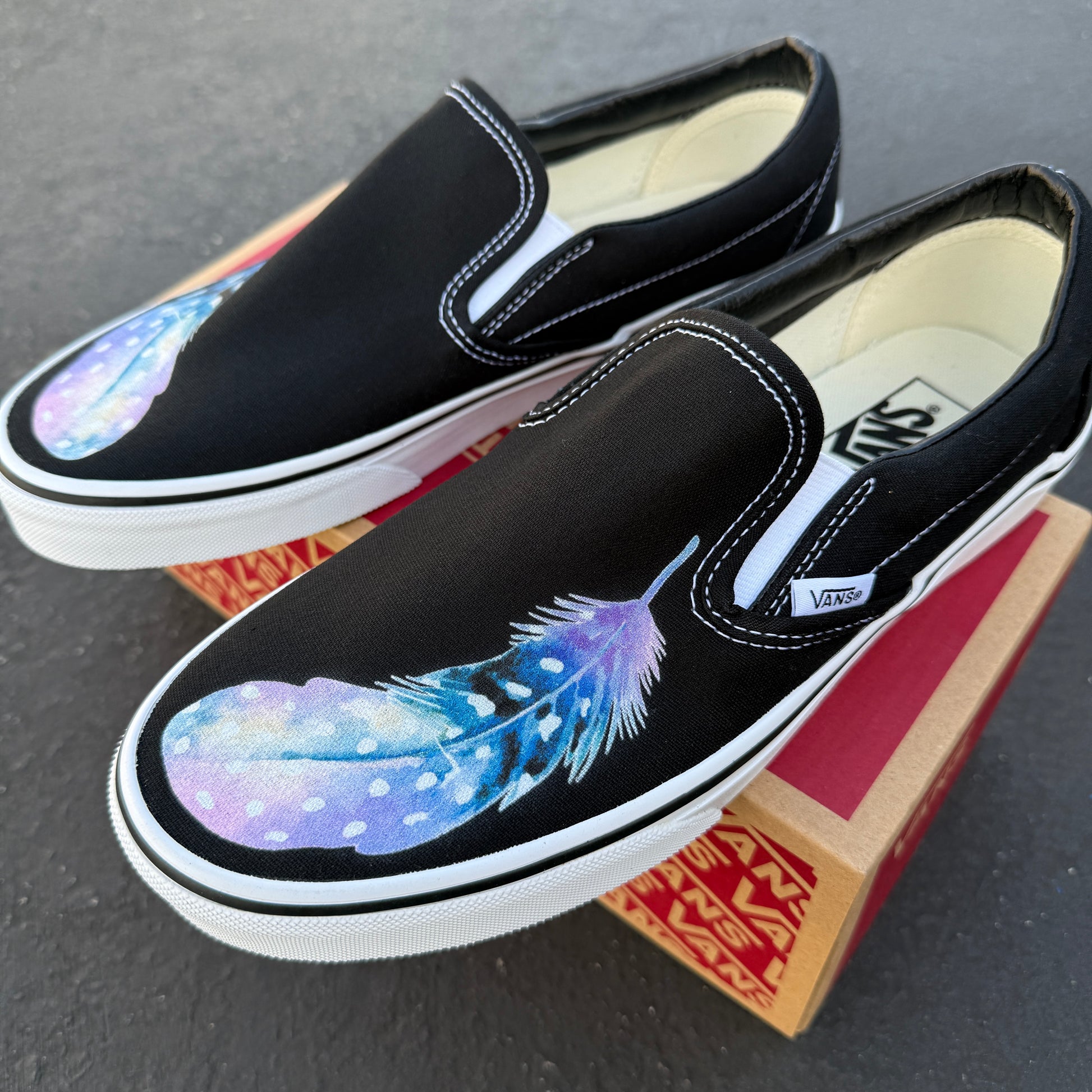 Custom Vans Shoes Feather Black Slip Ons Vans – BlvdCustom