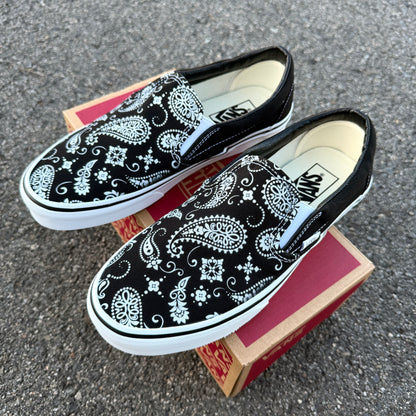 Paisley Vans Shoes - Custom Bandana Theme Black Slip On Vans Shoes