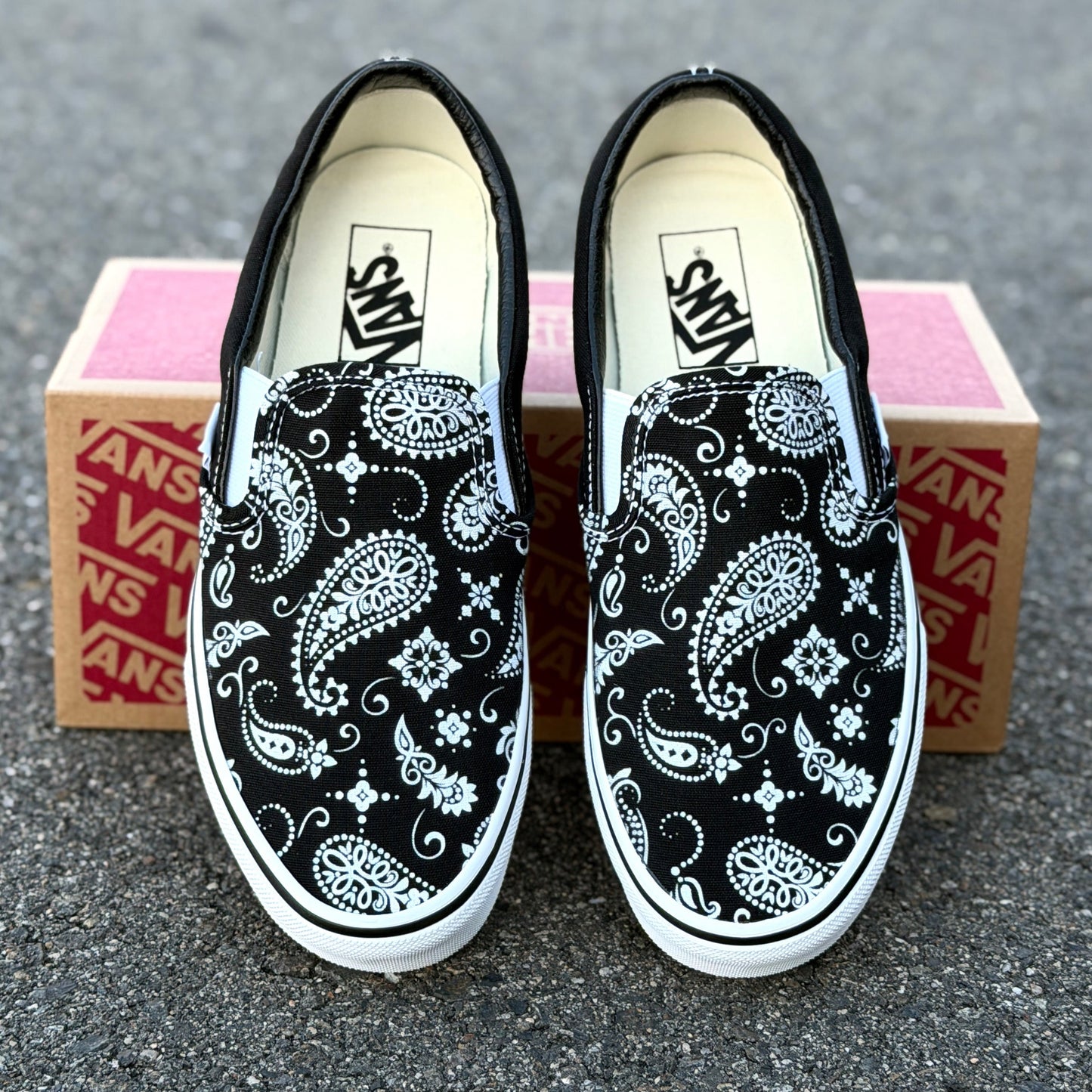 Paisley Vans Shoes - Custom Bandana Theme Black Slip On Vans Shoes