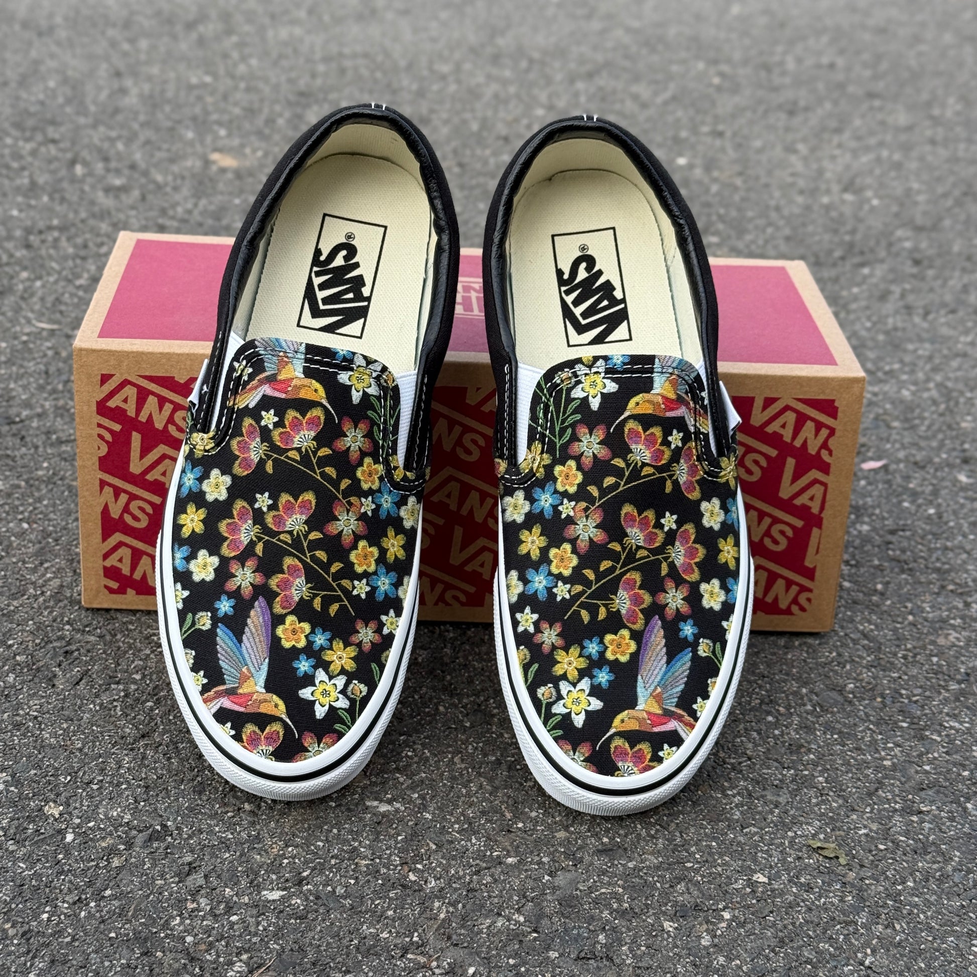 Hummingbird Embroidery Style Print on Black Vans Slip On Shoes