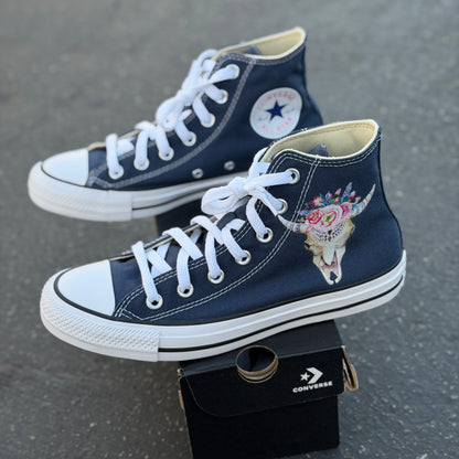 Watercolor Boho Style Cow Skull On Navy Converse Chuck Taylor High Tops Custom