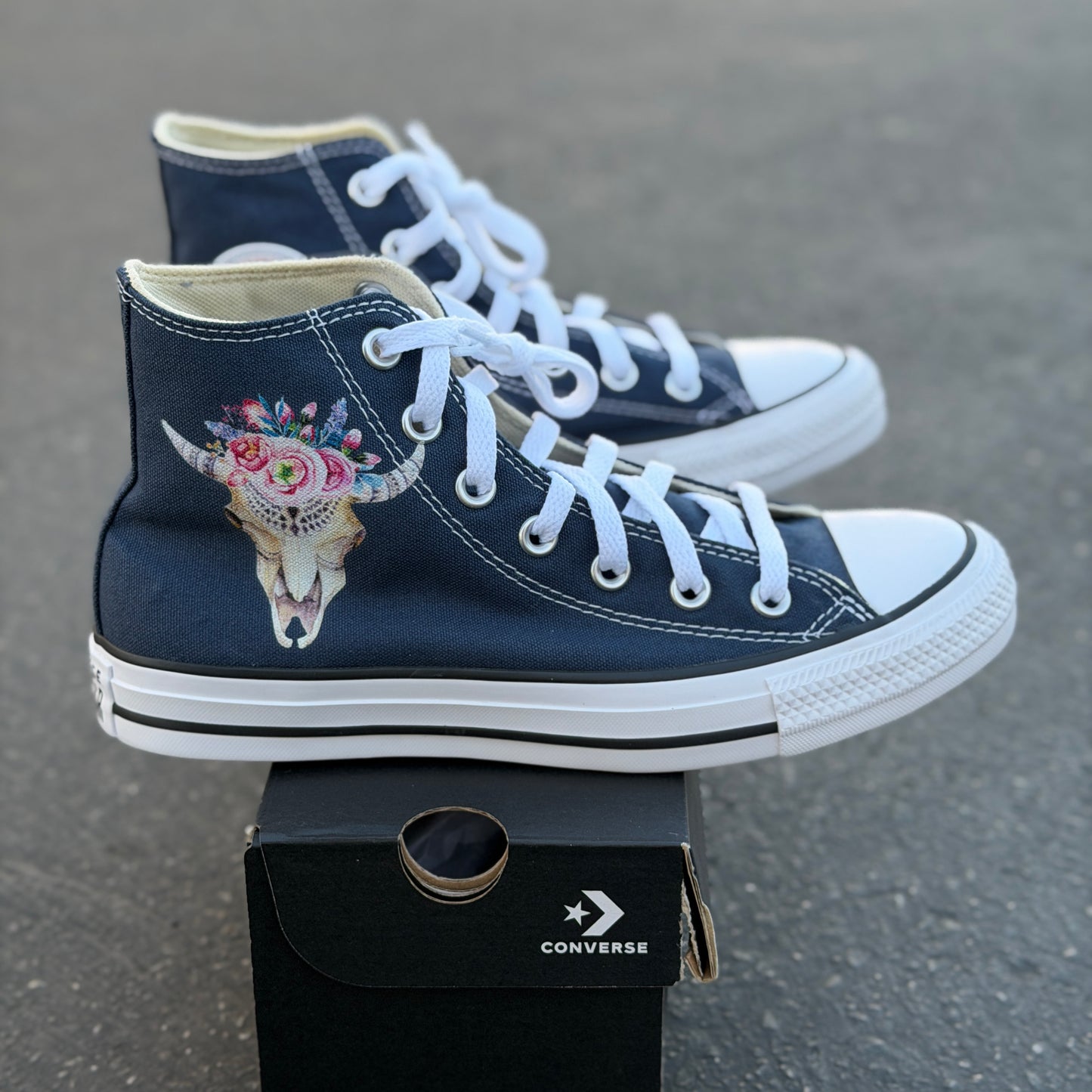 Watercolor Boho Style Cow Skull On Navy Converse Chuck Taylor High Tops Custom