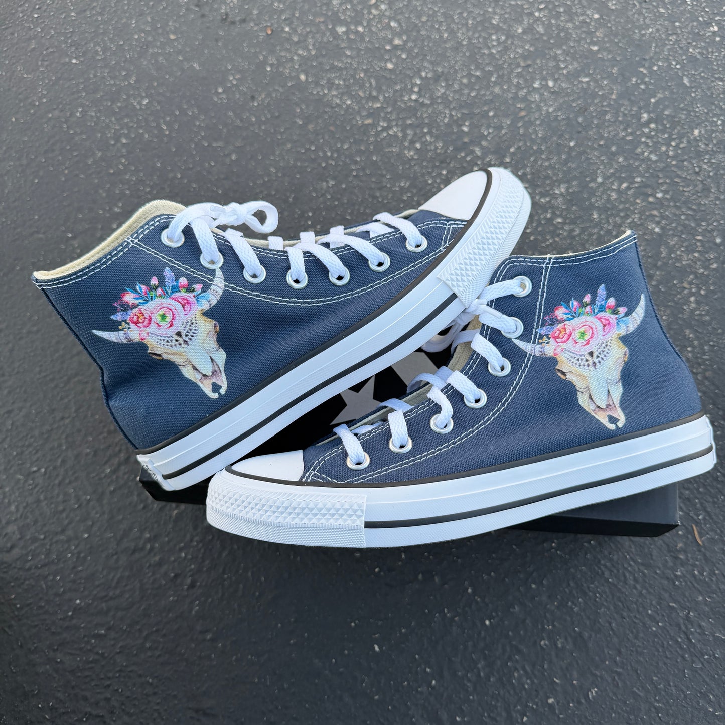 Watercolor Boho Style Cow Skull On Navy Converse Chuck Taylor High Tops Custom