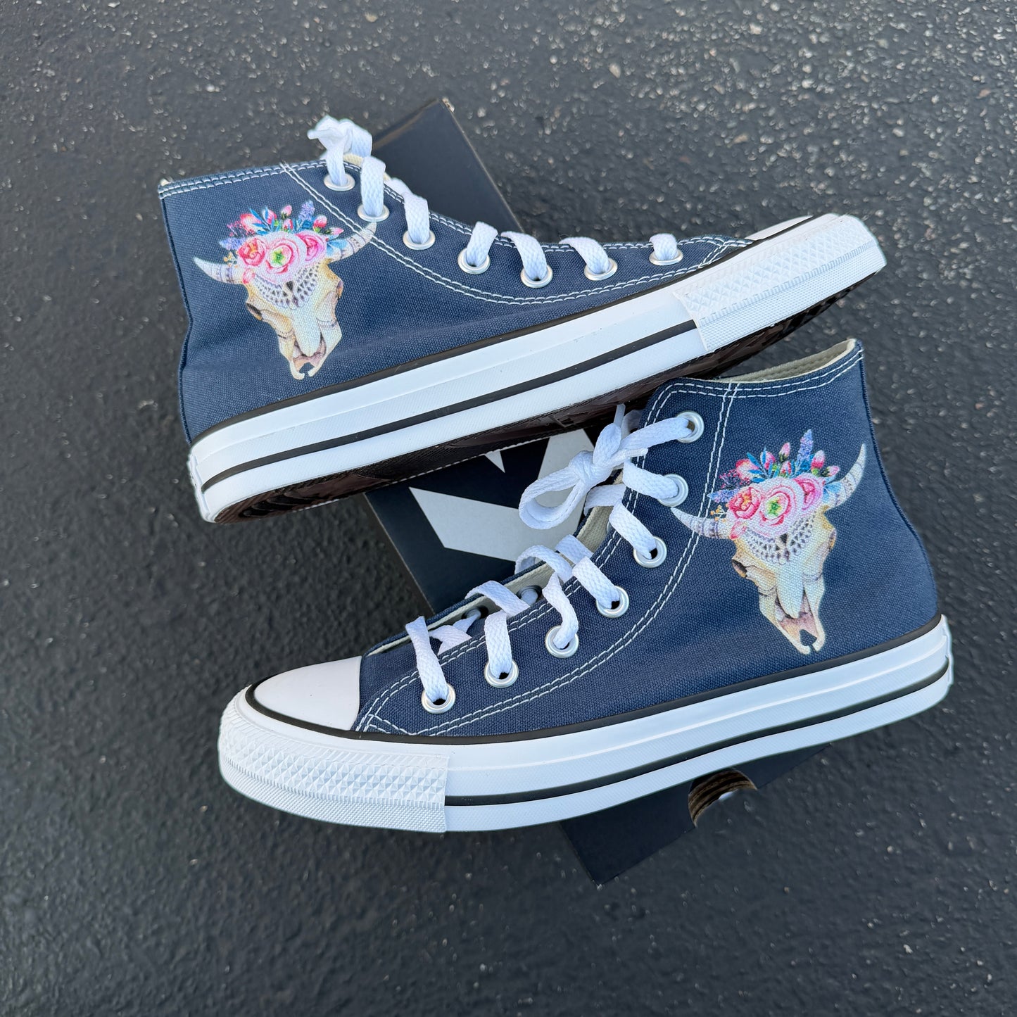 Watercolor Boho Style Cow Skull On Navy Converse Chuck Taylor High Tops Custom