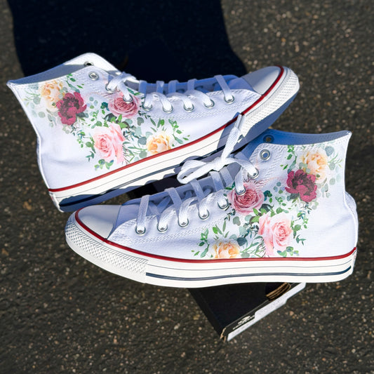 Whimsical Roses White Converse High Top Chuck Taylor Shoes