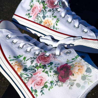 Whimsical Roses White Converse High Top Chuck Taylor Shoes