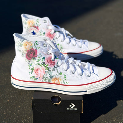 Whimsical Roses White Converse High Top Chuck Taylor Shoes