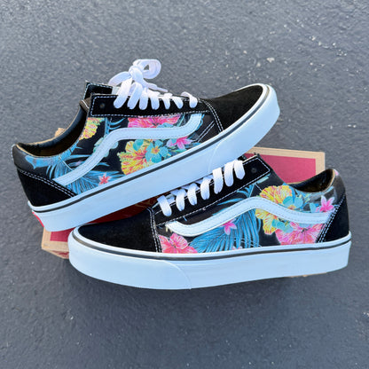Hawaiian Tropical Floral on Black Vans Old Skool Shoes
