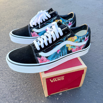 Hawaiian Tropical Floral on Black Vans Old Skool Shoes
