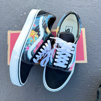 Hawaiian Tropical Floral on Black Vans Old Skool Shoes