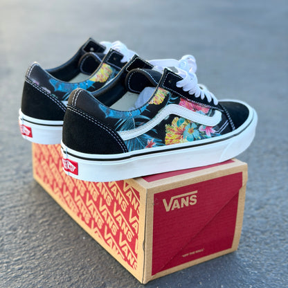 Hawaiian Tropical Floral on Black Vans Old Skool Shoes
