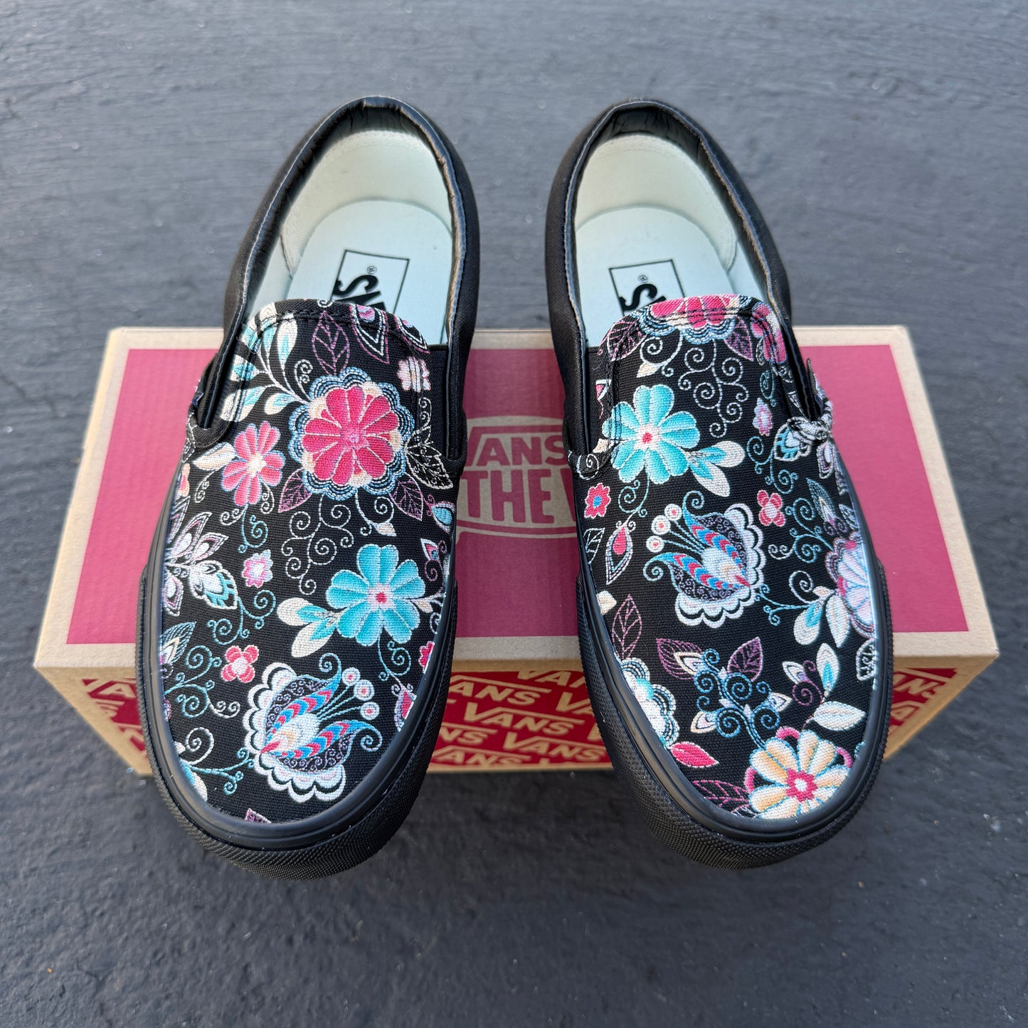 Embroidery Inspired Black/Black Vans Slip On Shoes - Custom Vans Shoes for Men and Women