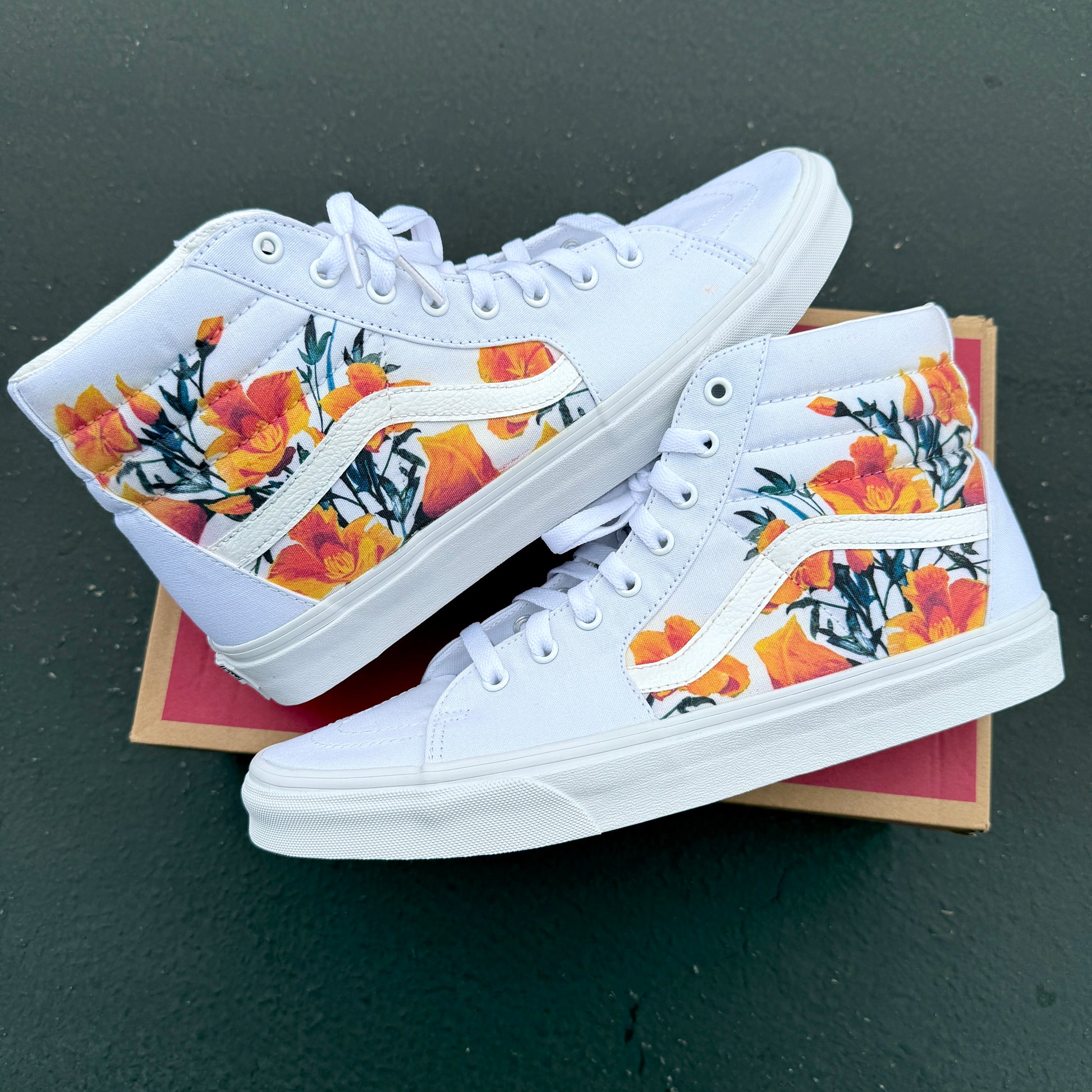 California poppy custom vans sk8 hi sneaker high top for men and women