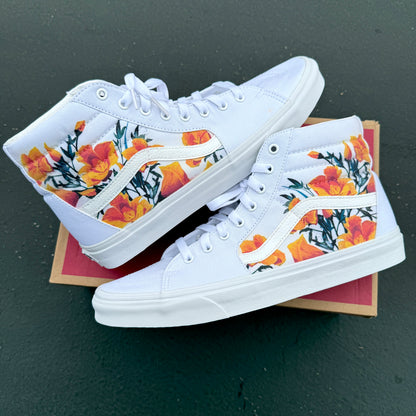 California poppy custom vans sk8 hi sneaker high top for men and women