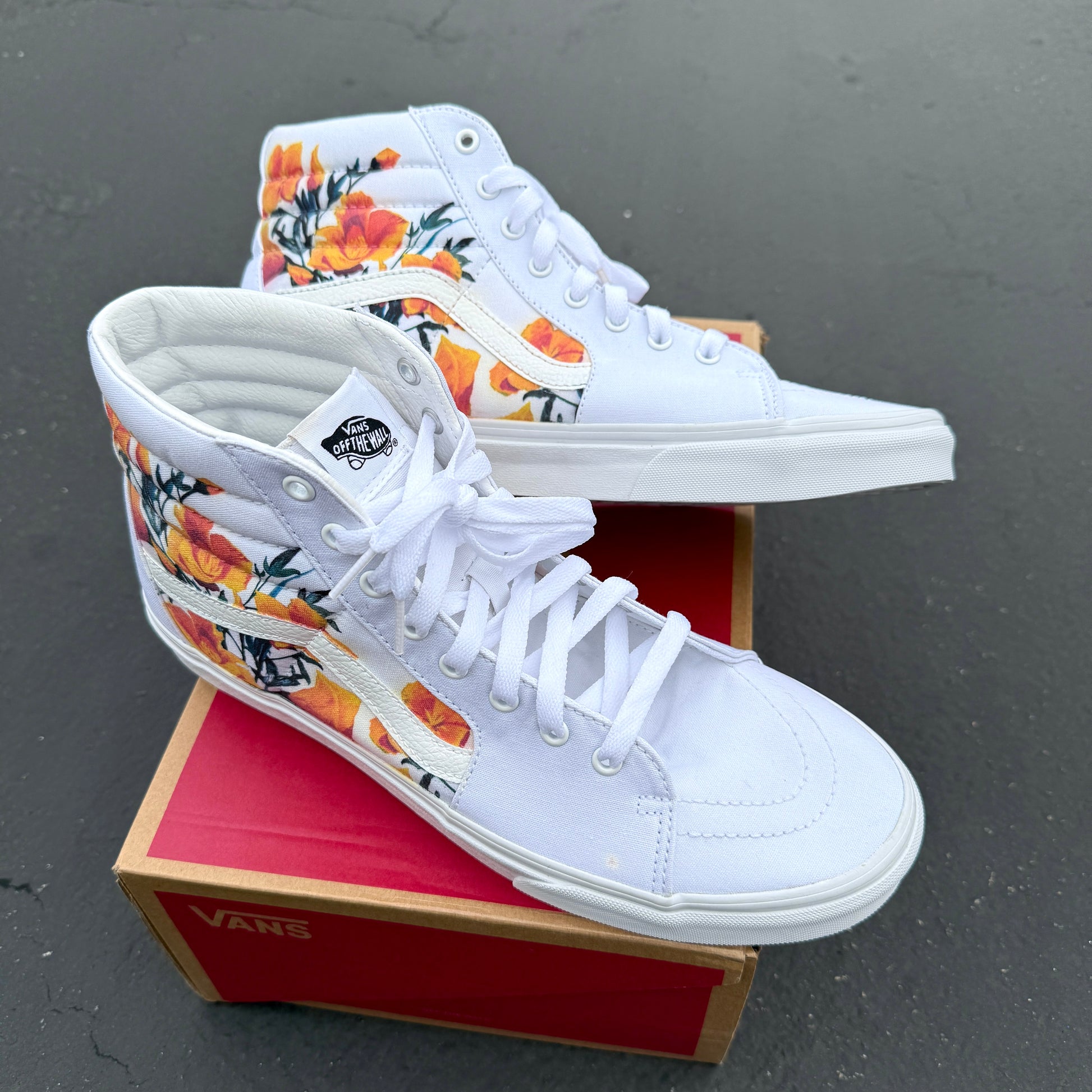 California poppy custom vans sk8 hi sneaker high top for men and women