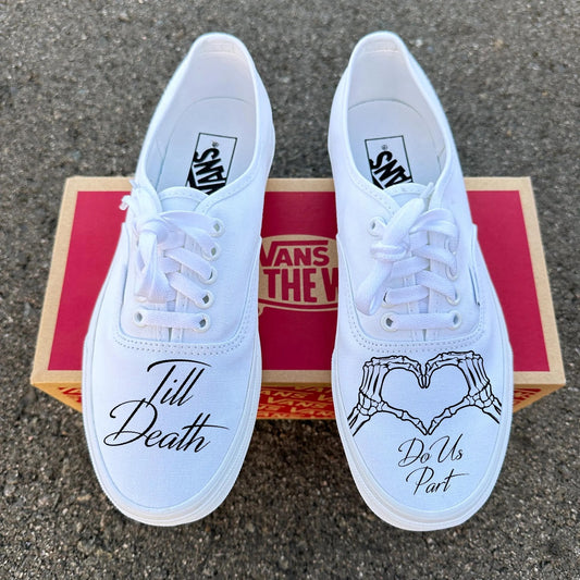 Till Death Do Us Part Skeleton Heart Hands Custom Wedding White Vans Authentic Shoes