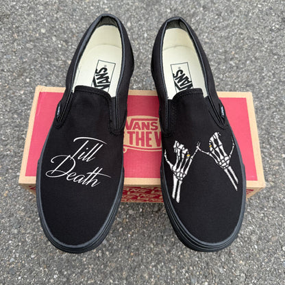 Till Death Pinky Promise Custom Wedding Vans Slip On All Black Shoes