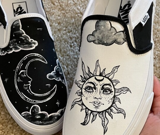 Mens size 8 (Women's size 9.5) Black Moon White Sun Slip On Vans Custom Order
