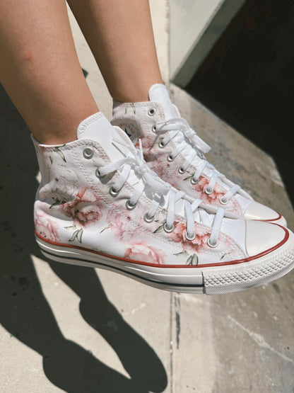 Whimsical Roses White Converse High Top Chuck Taylor Shoes Floral Custom