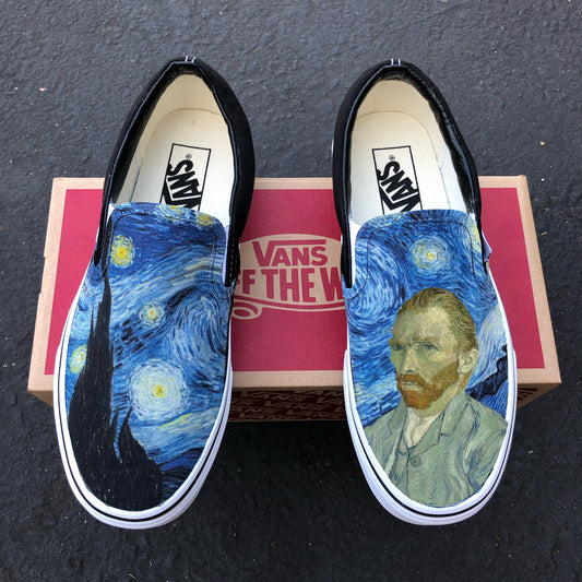Mens size 8.5 Black Slip On Vans Starry Night Van Gogh Portrait Custom Order