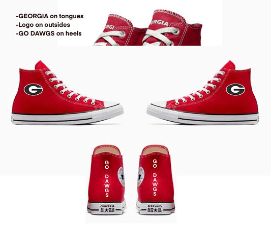 2 pairs Men's 9.5 & Women's 8.5 (Men's 6.5) Red High Top Converse Georgia Bulldogs theme