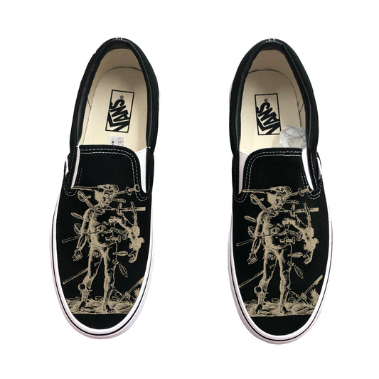 The Wound Man from Hans von Gersdorff’s Feldbuch der Wundarznei (1530)  on Black Slip On Vans Shoes Custom Sneakers - Custom Vans Shoes