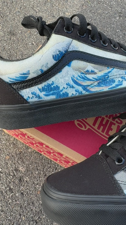 The Great Wave Off Kanagawa Custom Black/Black Old Skool Vans - Men's and Women's Shoes
