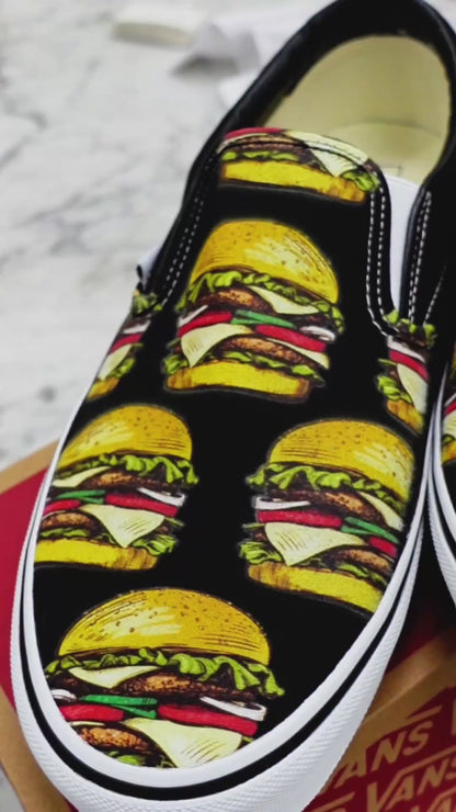 Cheeseburger Slip Ons Vans Shoes - Custom Cheeseburgers on Black Slip Ons for Men and Women