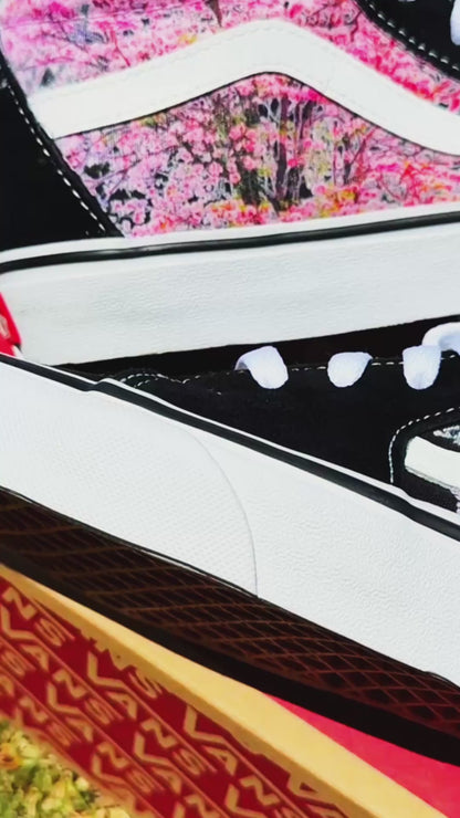Cherry Blossoms on Custom Black Sk8-Hi Vans Shoes for Women and Men