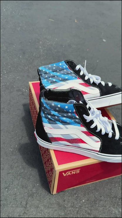 USA Flag on Black Sk8-Hi Vans Shoes for Women and Men Customized Sneakers