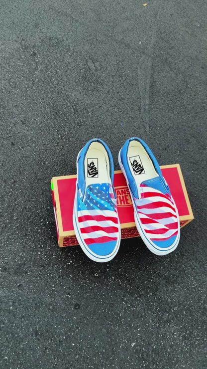 Navy Slip On Vans Shoes for Men and Women Featuring American Flag Made in USA - Custom Vans Shoes