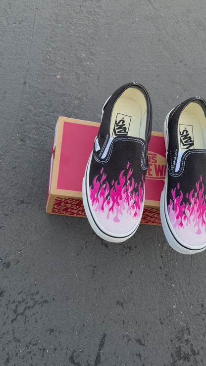 Hot Pink Flame Shoes - Custom Vans Black Slip On Shoes