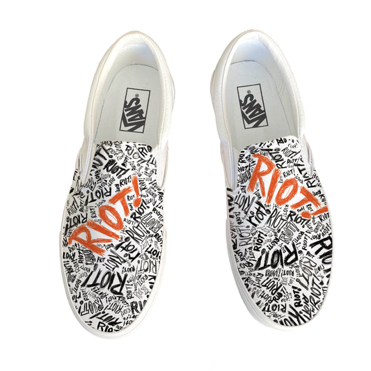 US Men's size 10.5 White Slip On Vans RIOT! Shoes - Custom Order