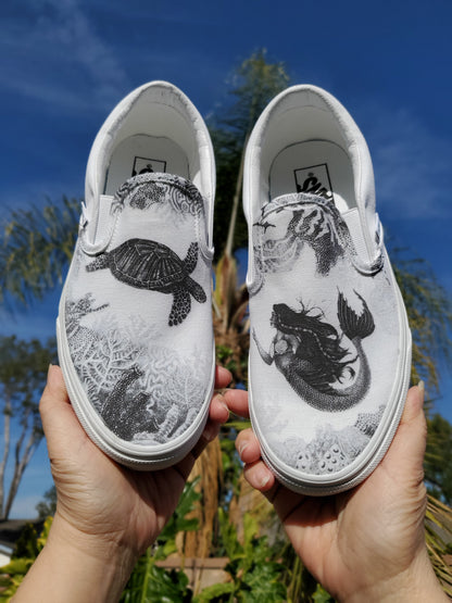 Dream of a Reef Slip On Vans - Black & White Vans - Custom Vans Shoes