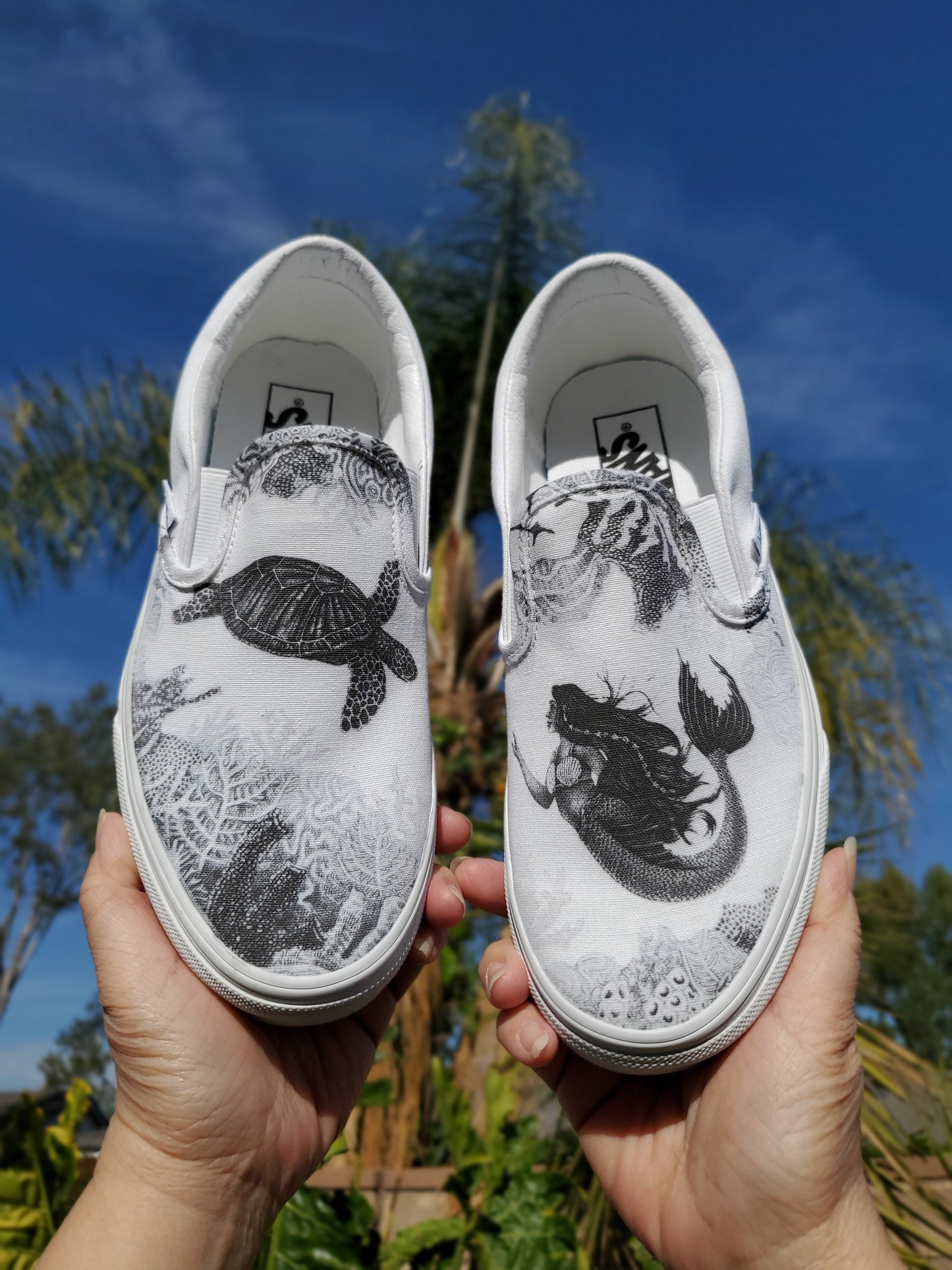 Dream of a Reef Slip On Vans - Black & White Vans - Custom Vans Shoes
