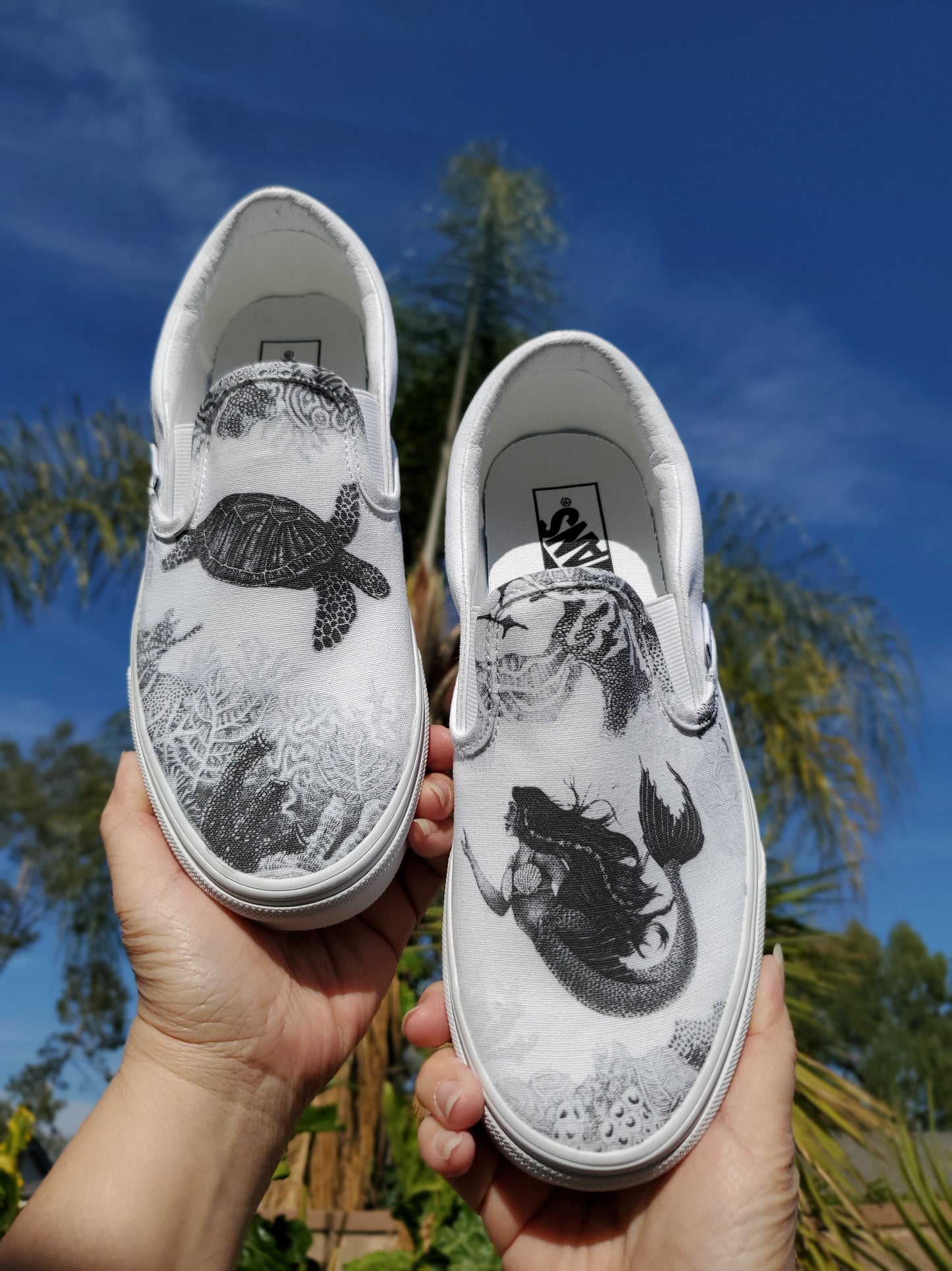 Dream of a Reef Slip On Vans - Black & White Vans - Custom Vans Shoes