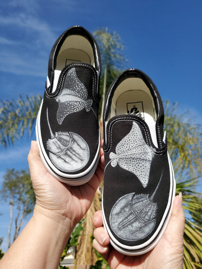 Custom Vans Shoes - Day and Night Slip On Vans - Black Or White Vans