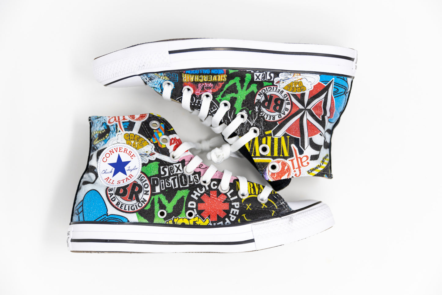 Punk Rock and Roll Alternative Band Stickers Custom Converse High Top Sneakers