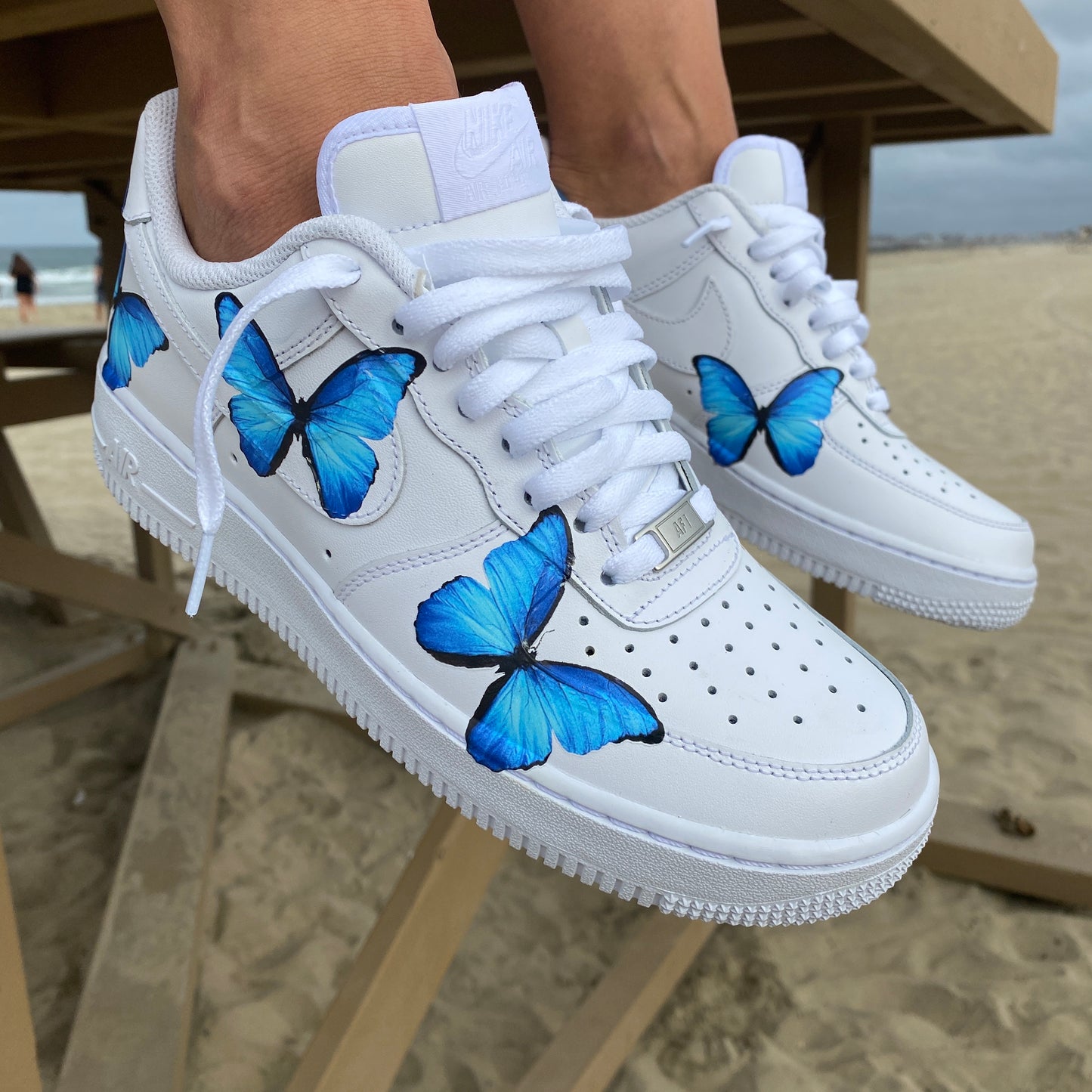 Dripping Blue Custom Air Force 1 Sneakers With Butterflies. 