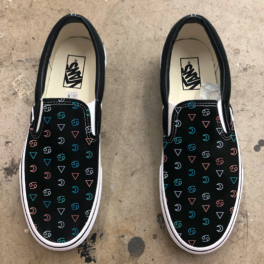 Cancer Symbol Pattern Astrology Horoscope Zodiac - Custom Black Slip On Vans - Custom Vans Shoes